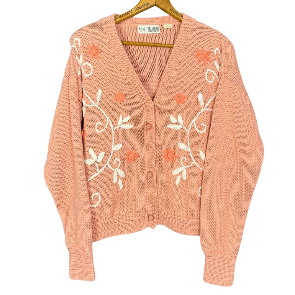 Vintage Pink Floral Embroidered Cardigan Cottagecore Knit Sweater Medium - Picture 1 of 6